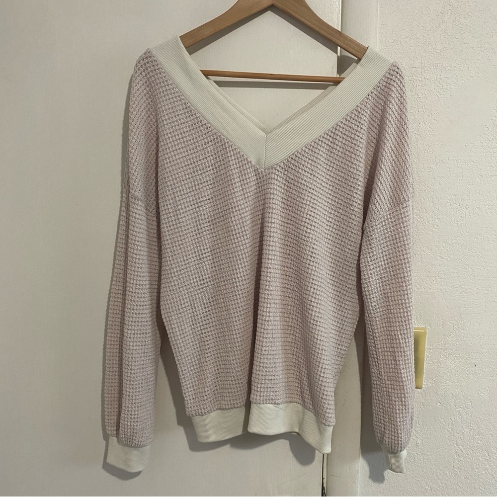 Adreamly Waffle Knit V Neck Sweater Blush Pink/Cream Trim Cozy‎ Neutral Medium
